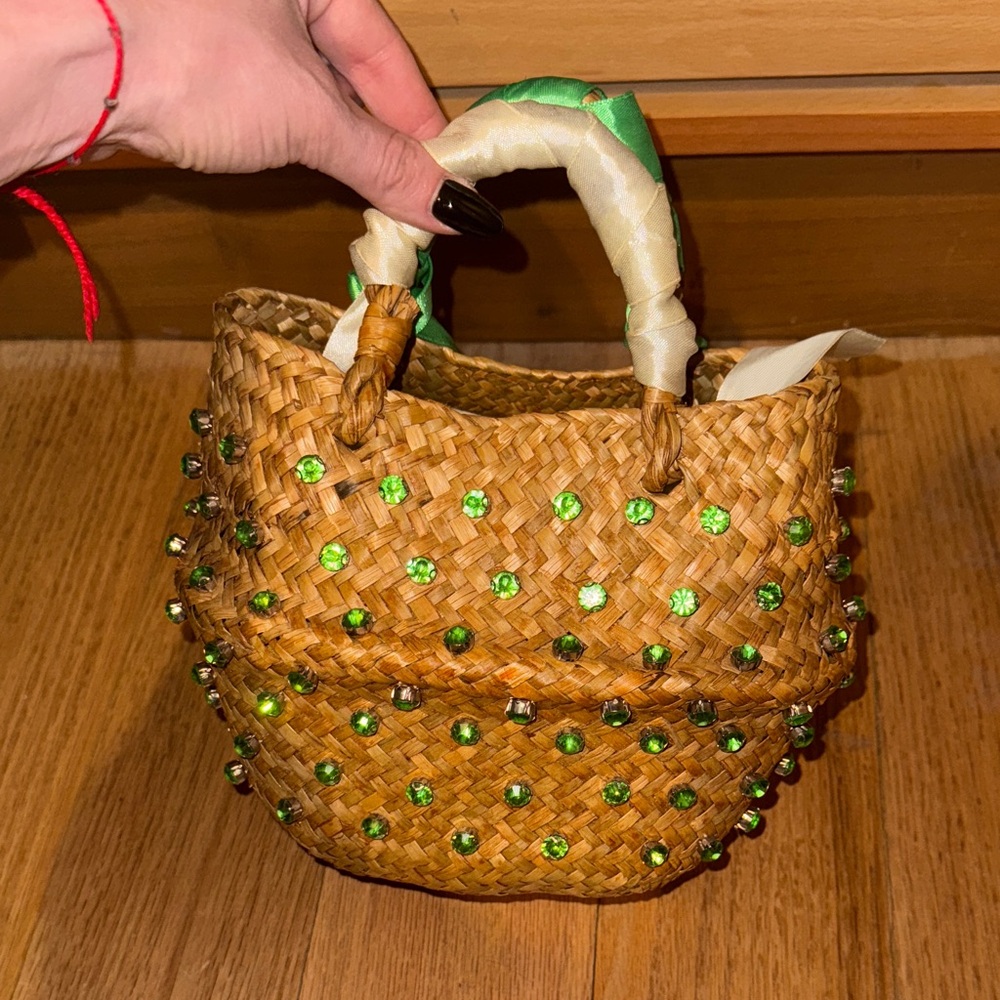 Handwoven Straw Bag with Green Accents